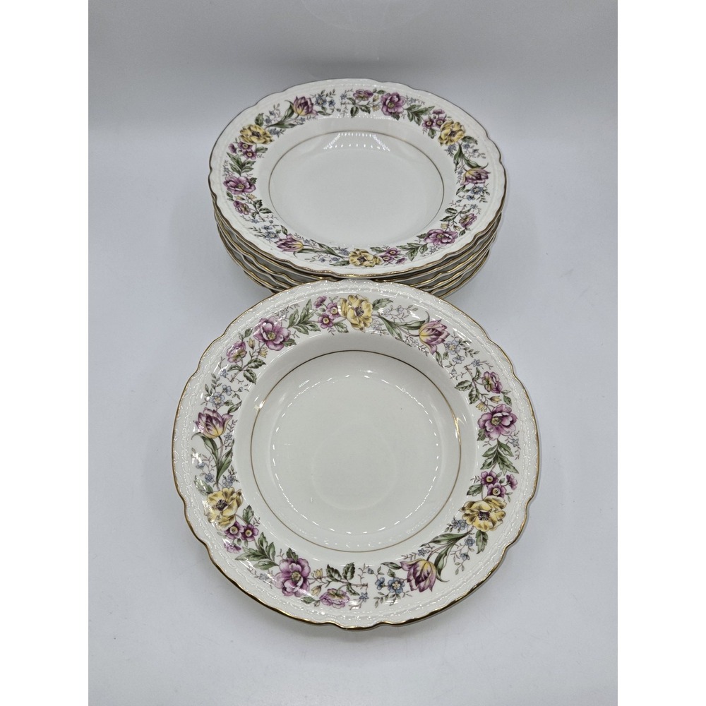 Embassy USA Vitrified China Shallow Soup Bowls Set of 7 Floral Gold Trim